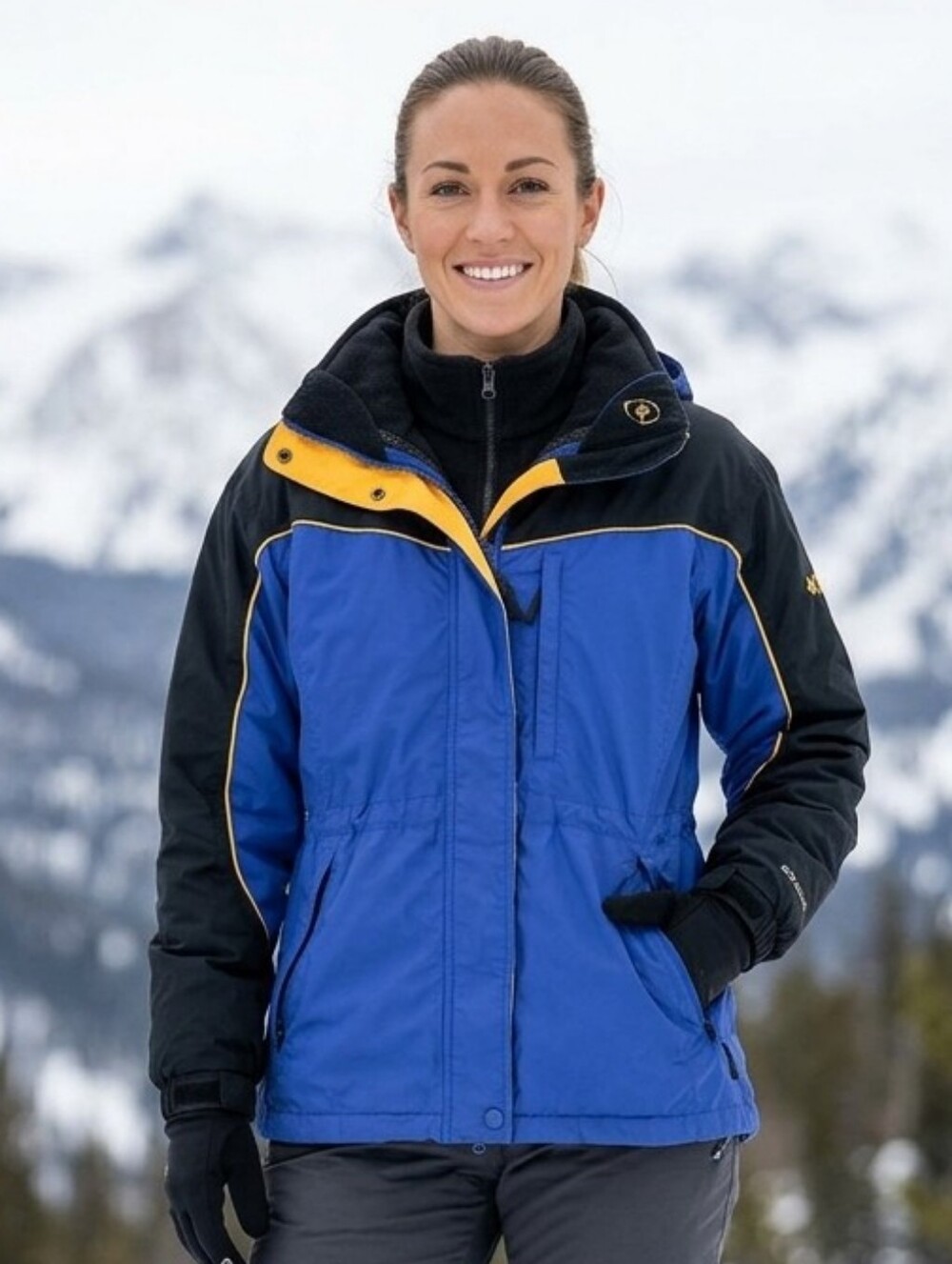 Columbia Womens Boulder Ridge 3in1 Blue/Black Hooded Ski Jacket with Yellow Trim